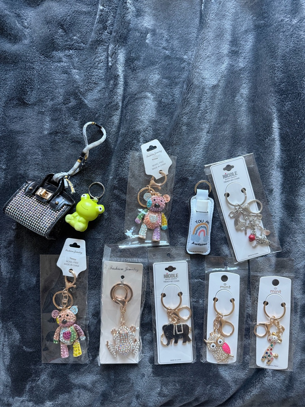 10 new Assorted keychains or bag Charms - Multicolors